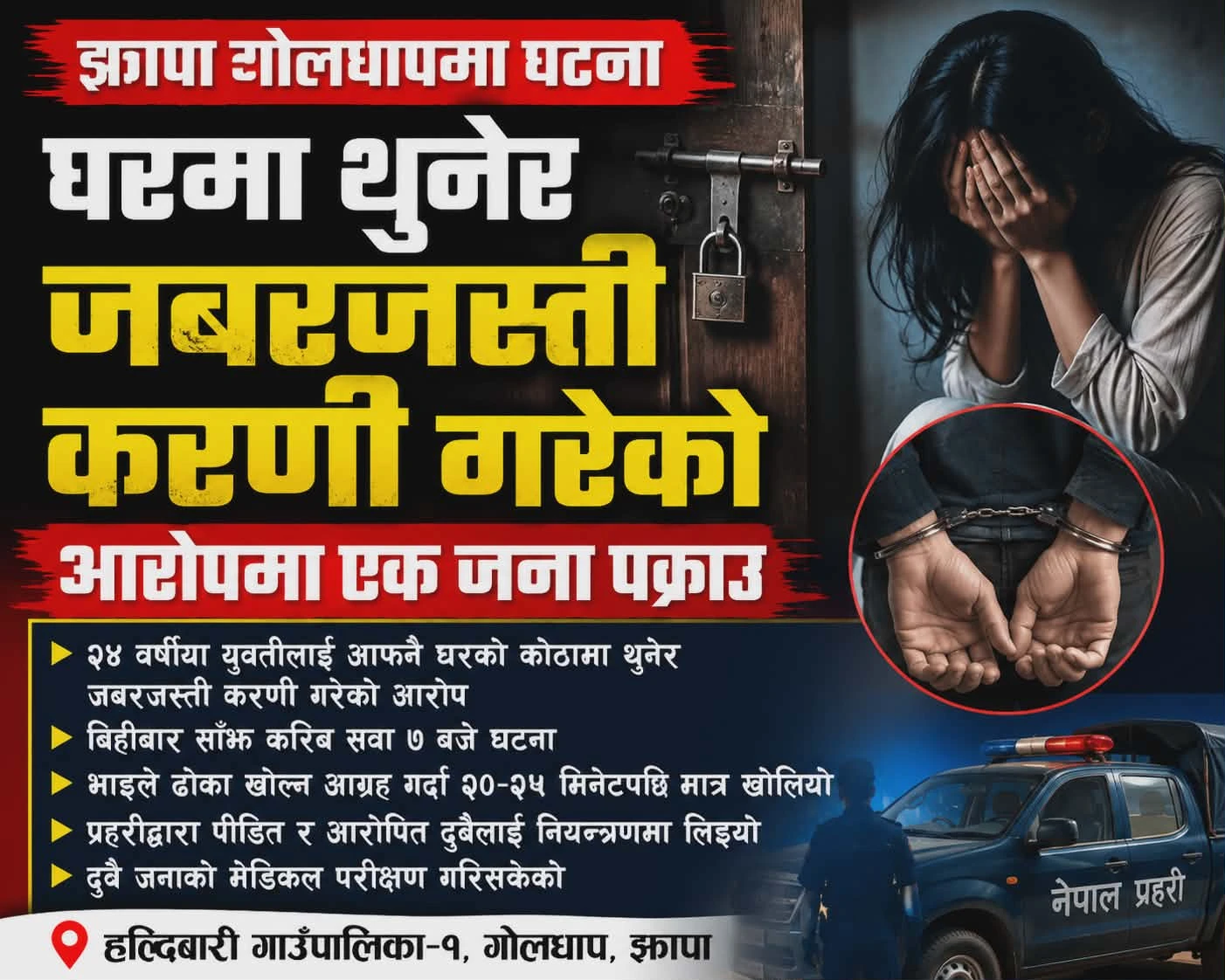 घरभित्र थुनेर जबरजस्ती करणी गरेको आरोपमा ५१ वर्षीय पुरुष पक्राउ