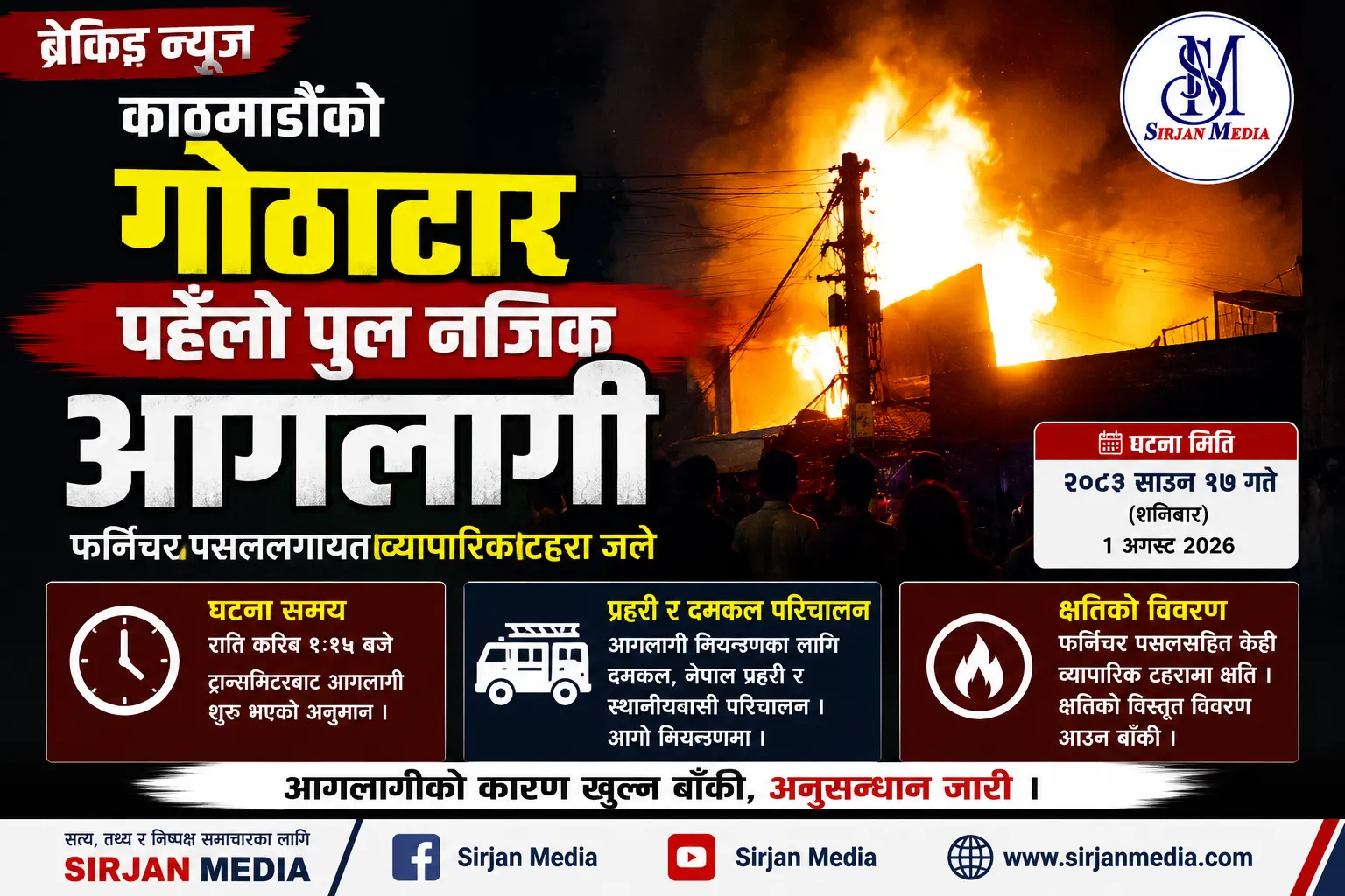 काठमाडौंको गोठाटारमा भीषण आगलागी, फर्निचर पसलसहित व्यापारिक टहरा जले