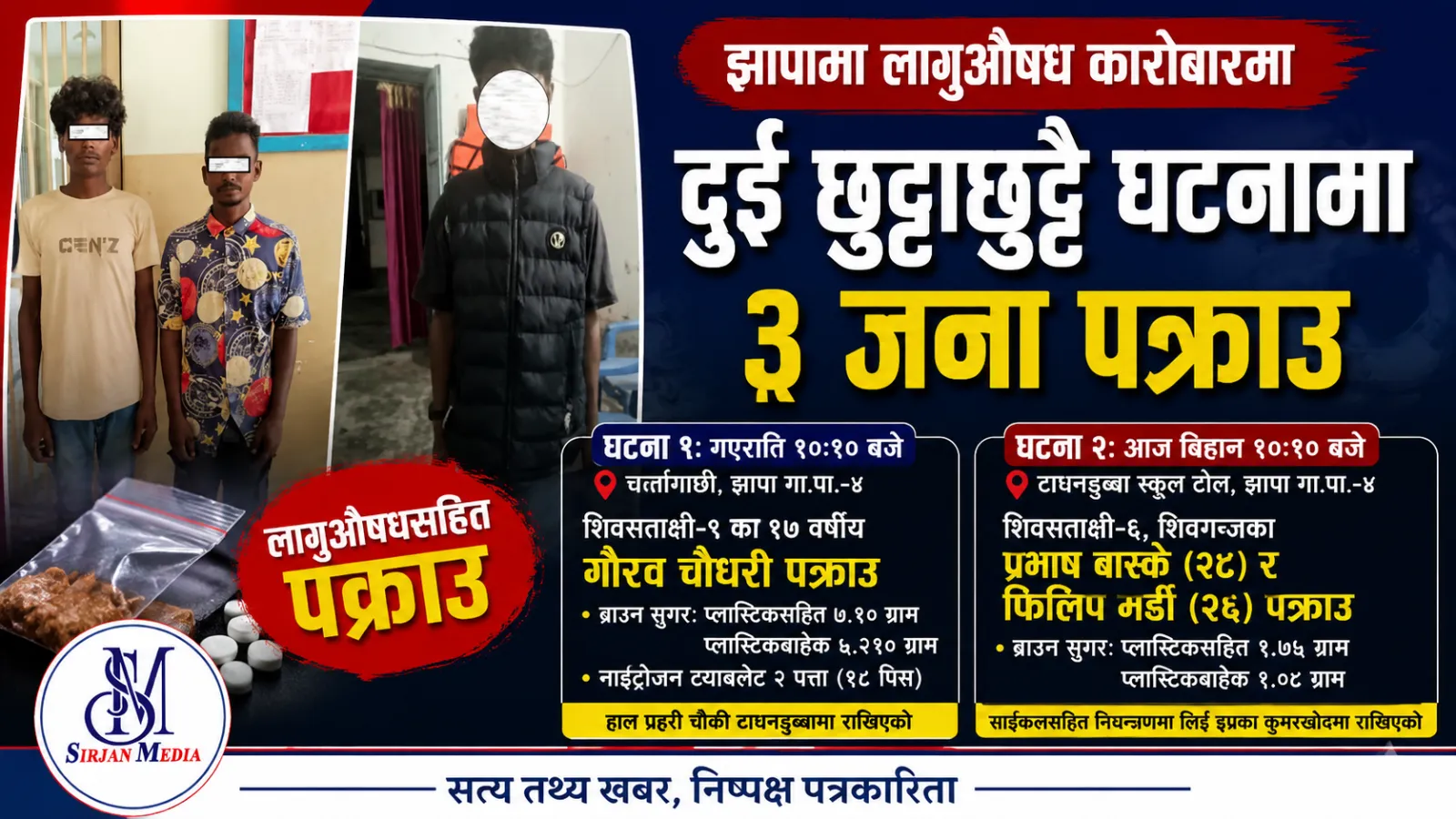 झापामा दुई छुट्टाछुट्टै घटनामा ३ जना लागूऔषधसहित पक्राउ